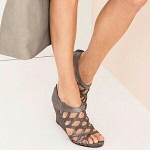 Eileen Fisher Wedge Sandals 9 Leather Lattice Caged Taupe Gray Tan Summer